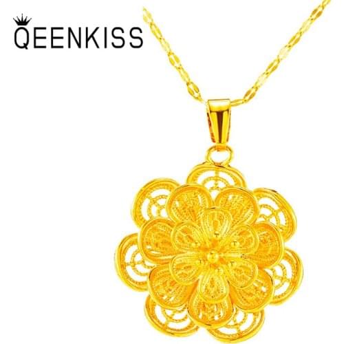 QEENKISS PT570 Fine Jewelry Wholesale Fashion Woman Girl Birthday Wedding Gift Vintage Flower 24KT Gold Pendant Charm NO CHAIN