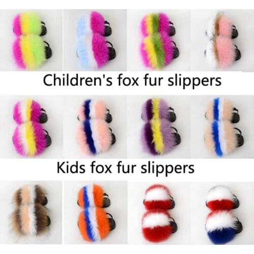 Childrens Rainbow Plush Shoes Fluffy Raccoon Fur Slippers Childrens Real Fox Fur Slides Kids Home Shoes Girls Fur Sandals Hot