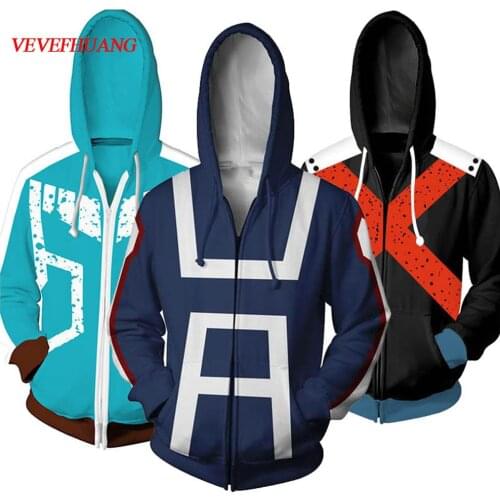 VEVEFHUANG 3D Printed My hero academia Zipper Hoodie Men Women no hero academia Cosplay Costume Sweatshirt School Uniform Jacket