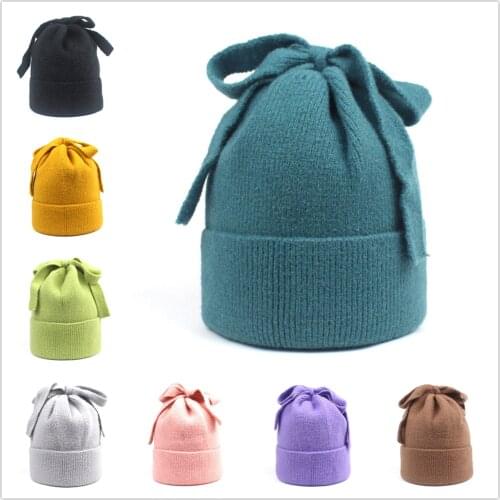 Bowknot Knitted Hat Winter Womens Hat Woolen Cap Korean Version of The New Cute Warm Pullover Beanie