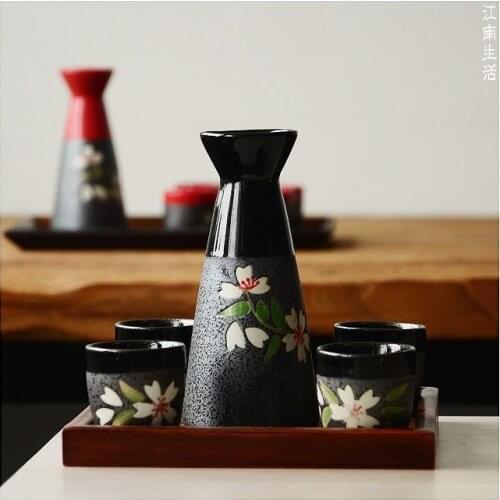 Japanese hand-painted white wine pot cup cherry blossom birthday gift sake wine set bowl fruit wine dispenser liquor 5pcs/set