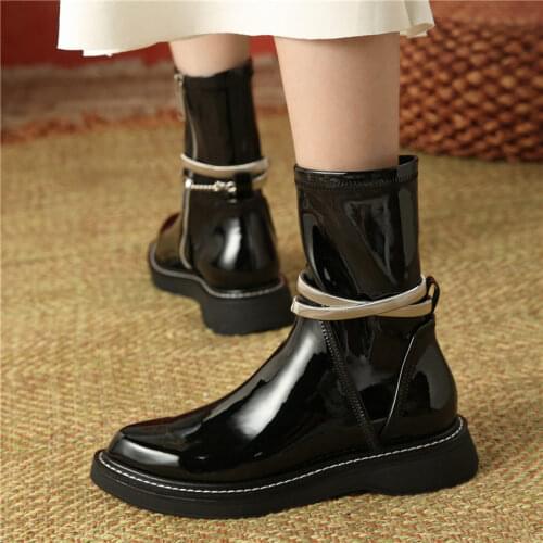 Punk Goth Women Bright Cow Leather Ankle Boots Flats Oxfords Round Toe Military Party Pumps Shoes 34 35 36 37 38 39 40