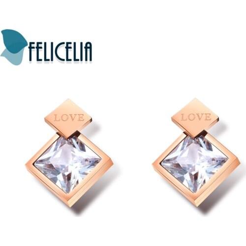 Felicelia Unqiue Square Design Women Earrings Cubic Zirconia Rose Gold Color Stud Earrings Delicate Jewelry Valentines Day Gift