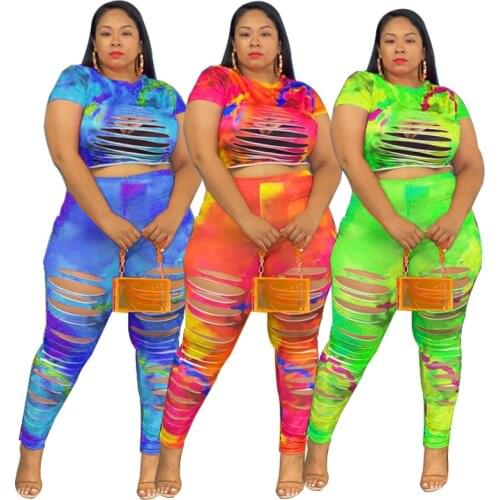 Plus Size XL-5XL Women Tie Dye Print Distressed Two Piece Set Hollow Out Short Sleeve T Shirt Crop Top Pencil Pants Suits