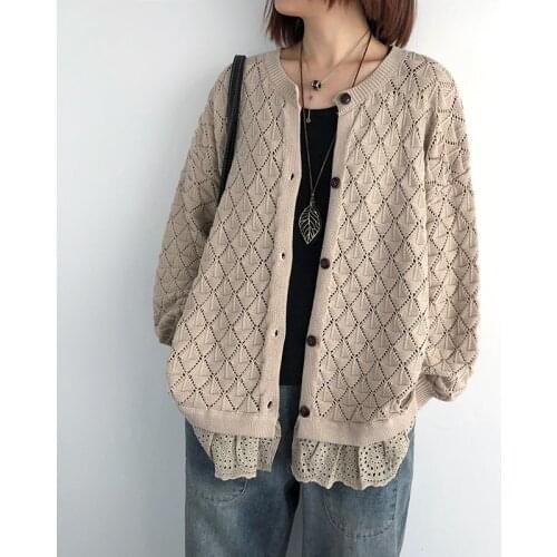 2021 Spring Autumn Thin Sweater New Long Sleeve Flower Lace Hollow Out Fake Two Knit Cardigan Women Coat