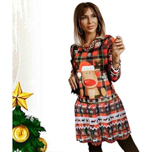 Female Autumn Floral Print Christmas Party Dress Casual Long Sleeve Winter Mini Dress Women Elegant O-Neck A-Line Dress Vestidos