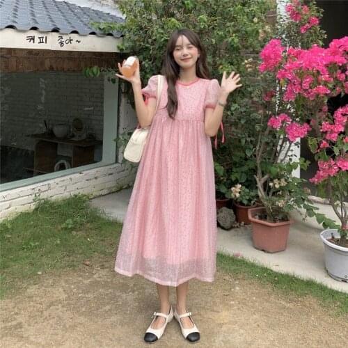 Sannian Sweet First Love Princess Dress Women 2021 Summer New Long Round Neck Loose Bubble Sleeve Dresses Ladies Clothes