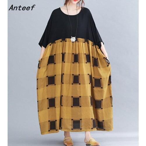 Short sleeve plus size cotton vintage plaid dresses for women casual loose long summer dress elegant clothes 2021 sundress
