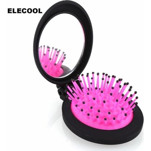 ELECOOL 1 pc Portable Mini Folding Comb Girls Airbag Folding Comb Travel Hair brush With Mirror High Quality
