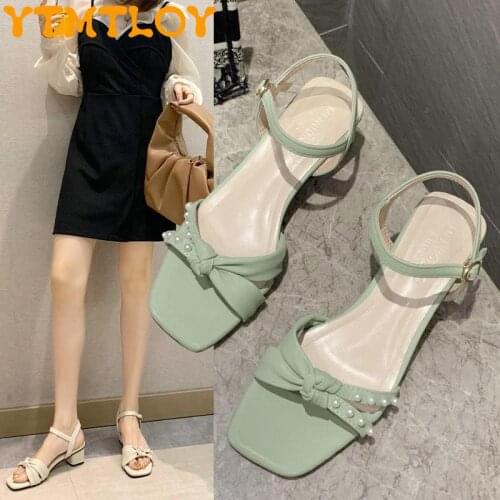 2021 new summer bow thick heel square toe buckle pearl womens shoes