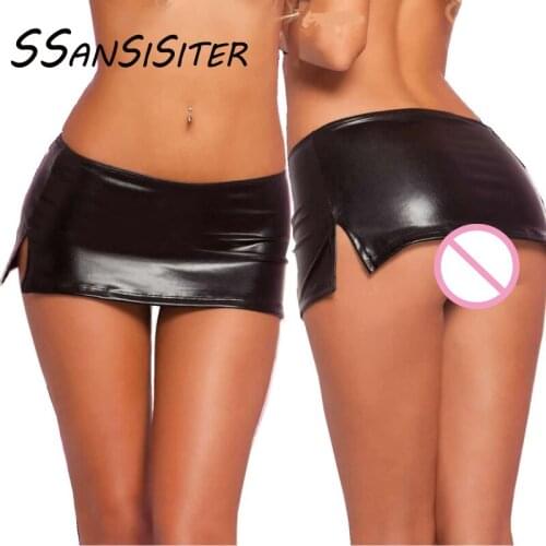 2XL Two Piece Exotic Sets Women Sexy Split Mini Skirts Thongs PU Leather Lingerie Skirts Bodycon Latex Clubwear Suits Plus Size