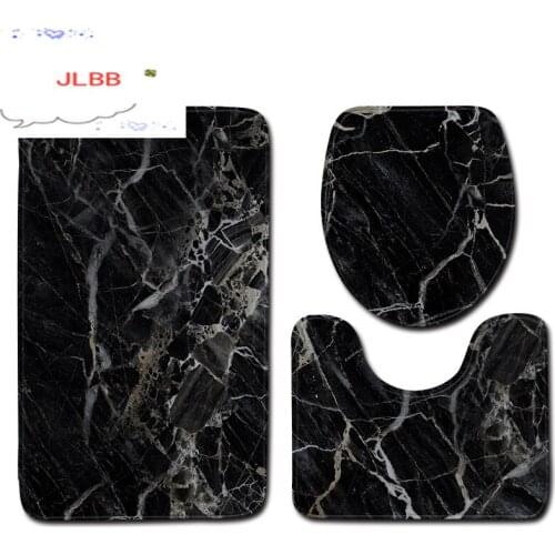 3Pcs/Set Black Marble Printed Mats Bathroom Toilet Carpet Polyester Non-Slip Rug Toilet Lid Cover Shower Room Rug Floor Mats
