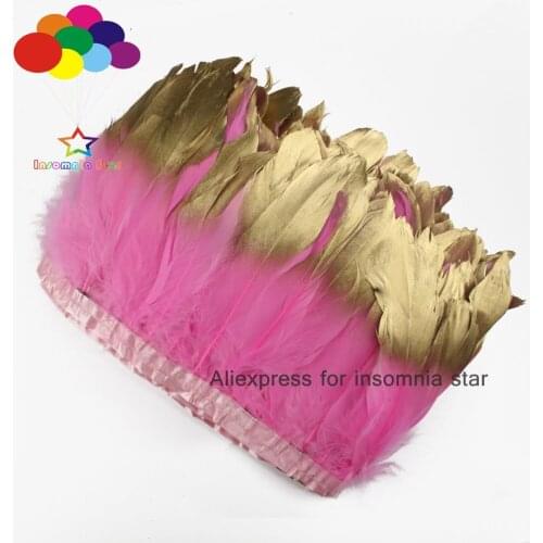 Deep pink dress accessories hair feathers 2 Meter Goose fringe paint gold tips Feathers Trims with Satin Ribbon Tape center