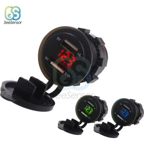 Car Charger DC12V-24V Waterproof Dual USB Charger Power Socket Adapter LED Digital Voltmeter 5V for Motorcycle Auto Vehicles
