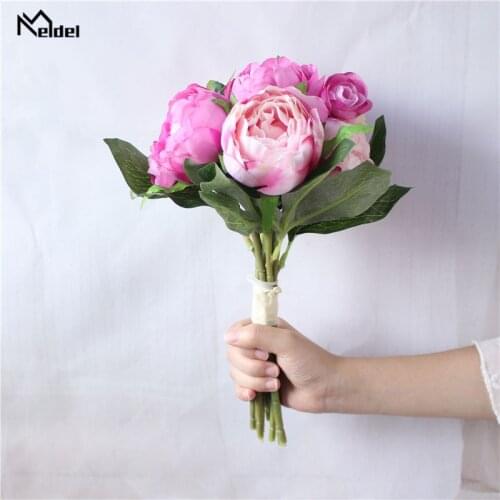 Meldel Bridal Wedding Bouquet Artificial Silk Rose Peony Flowers Pink White Bridesmaid Bouquet Home Marriage Wedding Accessories