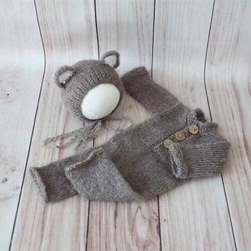 Baby Bear Hat and Romper Mohair Teddy Outfit Knitted Baby Photography Suits Fuzzy Newborn Overalls Infant Pants Bodysuit Props