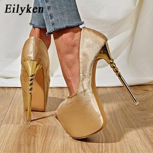 Eilyken Sexy Golden Black Platform Pumps Women Ultra High Stiletto Heels 16CM Shoes Peep Toe Party Bride Wedding Shoes