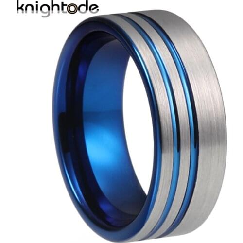 8mm Blue Color Tungsten Carbide Rings Two line Groove For Couple Wedding Band Silvery Brushed Comfort Fit