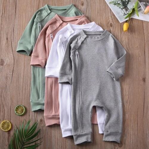 Newborn Baby Girl Boy Long Sleeve Zipper Buttons Ribbed Romper Jumpsuit Solid Color Cotton Casual Toddler Clothing for 0-24M