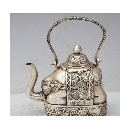 Lojas white copper Tibet Prata 5 " chinese elefante prata morcego Amarelo Wine Flagon crafts halloween Arts Decoration elephant