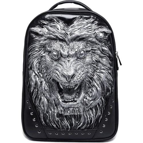 Fashion 3D Embossed Lion Men Backpack bags Rivet Laptop travel bag Man unique Bag personality whimsical Cool Schoolbag Rock Bags