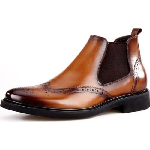 Luxury Brand Men Chelsea Boots Vintage Slip On Thick Heels Brogues Ankle Boots High Quality Genuine Leather Motorcycle Boots