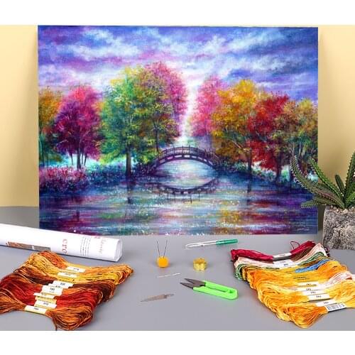 Natural Scenery Bridge To Cross Printed Canvas 11CT Cross-Stitch Embroidery Complete Kit DMC Threads Sewing Wholesale