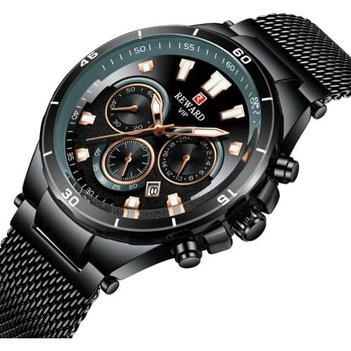 REWARD Fashion Mens Watch Date Luminous Quartz Watches Stainless Steel Mesh Watches Waterproof Clock Chronograph Sport Watch