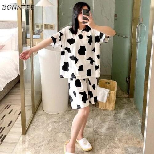 Women Pajama Sets O-neck Short Sleeve Top Cow Printed Shorts Sleep Wear Loose Lovely Girl Soft Fresh Breathable Lady New Summer