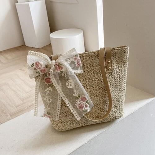 Weave Straw Shoulder Bag for Women 2021 Lace Bow Casual Large Capacity Tote Female Beach Handag Fashion Luxury Brand Summer New