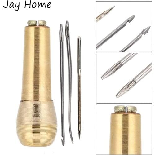 Copper Handle Sewing Awl with 3 Needles Sewing Awl Hand Stitcher Shoe Repair Tool Kit for Handmade Leather Sewing Repair Tools