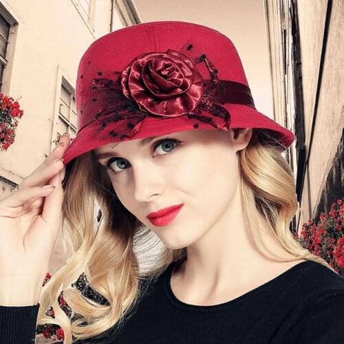 Bucket Cap Ladies Flower Church Women Bowler Hat Cloche Hat Fashion Hats Womens Warm Felt Woolen Retro F1M9