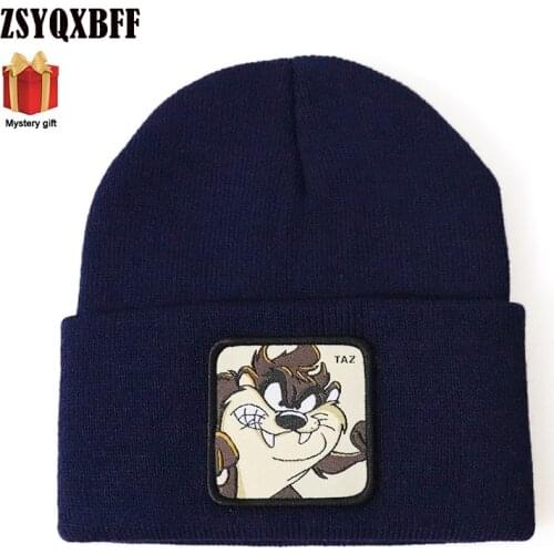 Knitted Cap Winter Warm Beanie Animal Cartoon TAZ Men Letter Embroidery Hedging Soft Wool Knit Hat Women Cycling Skiing Cap