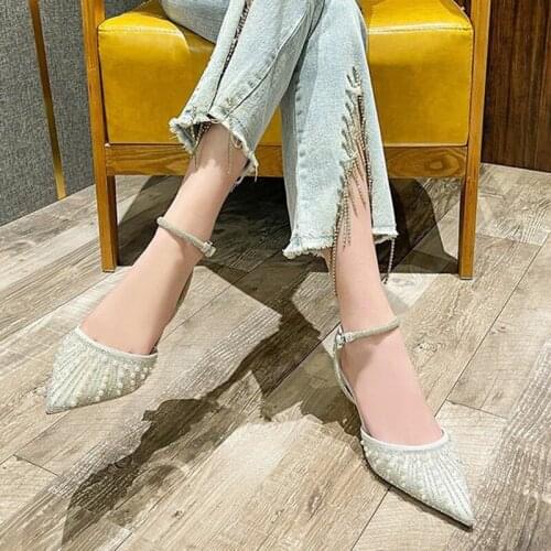2021 New Sexy Plinted Toe Pearl Pumps Women Ankle Strap Thin Heels High Heels Shoes Woman Summer Fashion Party Shoes Sandals