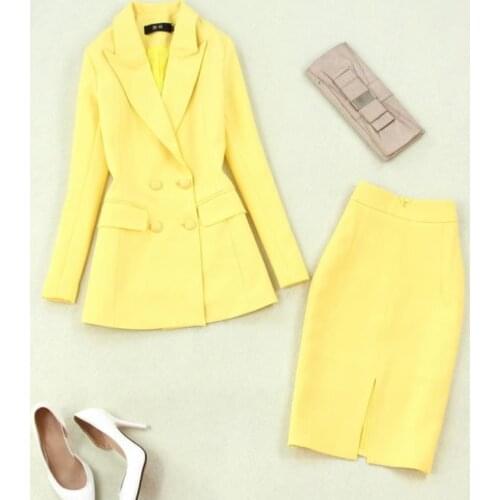 Two piece sets spring autumn new women yellow double breasted blazer + package hip high waist OL skirt