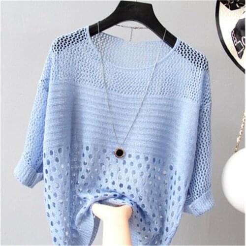Ladies Summer Hollow Out Pull Knitted Causal Tops Ladies Knitwear Fashion Jumper Solid Women Pullovers Korea Knitwear Female