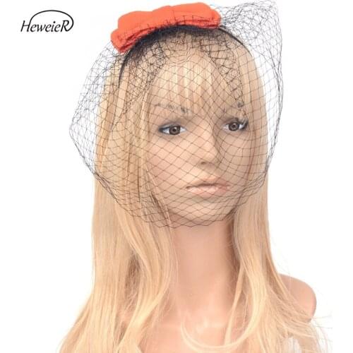 Lady Bride Women Girls Wedding Cocktail Races Party Fascinators Bowknot Veil Headband Hair Band Hairpiece Black Red Orange
