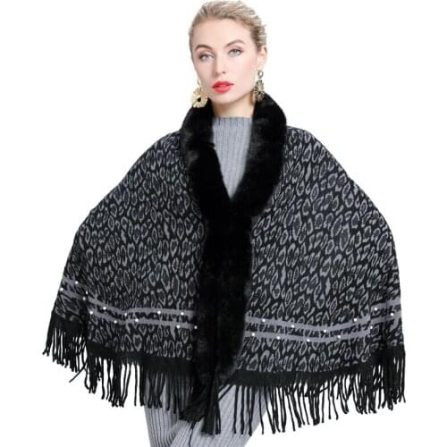SWONCO tassel poncho women autumn fashion coat capes 2020 faux fox fur collar leopard print tasse knitted shawl ponchos capes