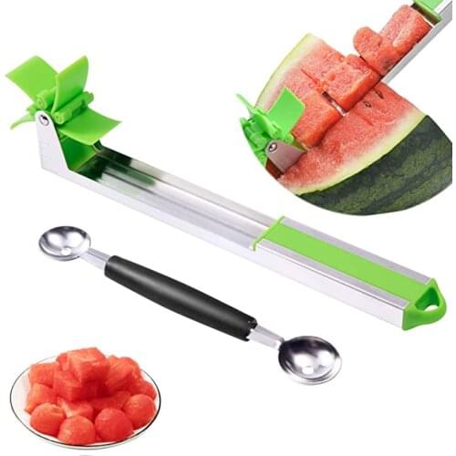 1pcs Stainless Steel Watermelon Cutter Multi Melon Slicer Cutting Machine with 1pcs Double-end Melon Baller Scoop Kitchen Tool
