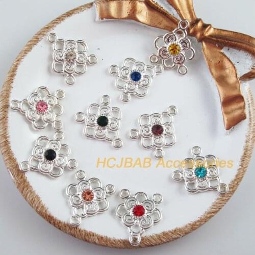 10 New Heart Flower Charms Silver Plated Retro Mixed Crystal Connectors 17x20.5mm