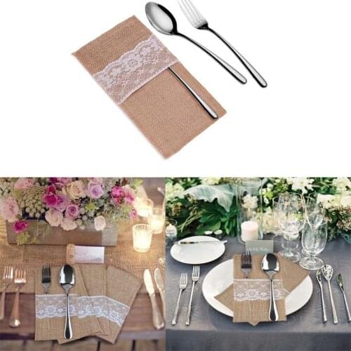 10pcs Hessian Burlap Lace Wedding Tableware Pouch Cutlery Holder Decoration Favor rustic wedding decor wedding decoratio