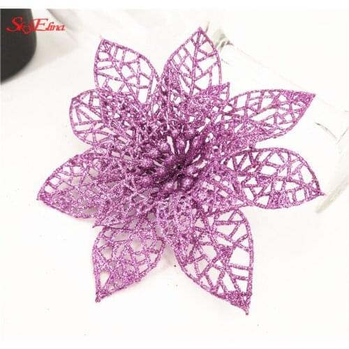 10Pcs New Glitter Hollow Flower Decoration Flowers For Christmas Trees For New Year Christmas Decorations Wedding Party Decor 8Z