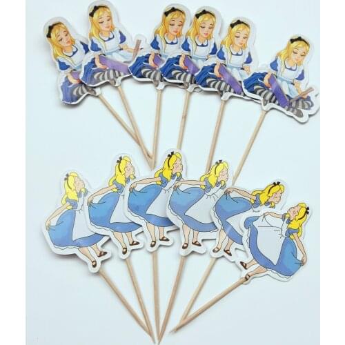 24pcs/lot Alice in Wonderland Theme Cake Topper Girls Kids Favors Kids Birthday Party Cupcake Toppers Baby Shower Party Decor Su