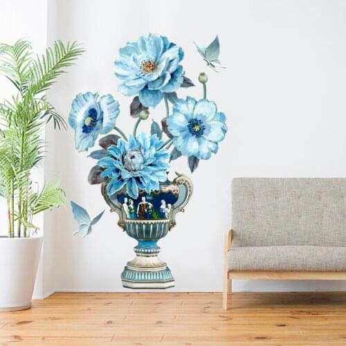 70*110cm Blue Flower Vase 3D Wall Stickers Vintage Art Poster Living Room Bedroom Home Office Decor Paper Sticker