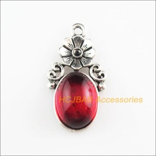 8 New Ellipse Charms Red Glaze Flower Pendants Tibetan Silver Tone 15x29mm