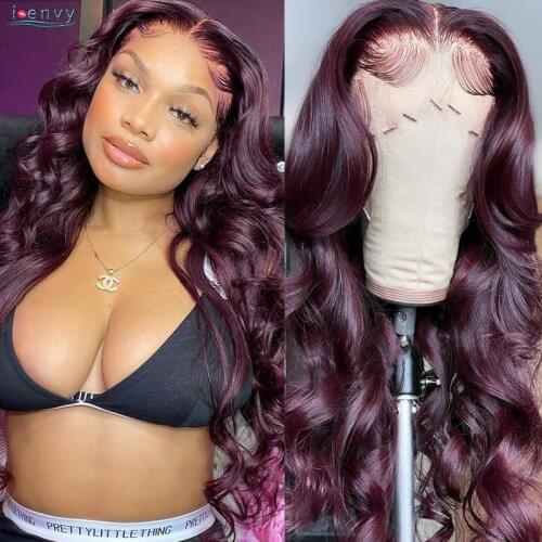 99J Burgundy Lace Front Wig Body Wave Colored Transparent Lace Wig Peruvian Lace Frontal Wig Human Hair Wigs Red pre pluck Remy