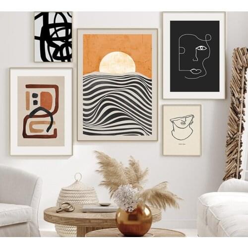 Abstract Sunrise Geometric Head Line Terracotta Canvas Paintings Wall Art Poster Print Pictures for Living Room Home Decoration