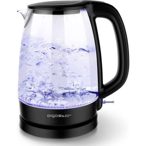 Aigostar Adam 30GOM - Glass Water Kettle with LED Lighting , 2200 Watts, 1.7 Liter, Boil-dry Protection, BPA Free