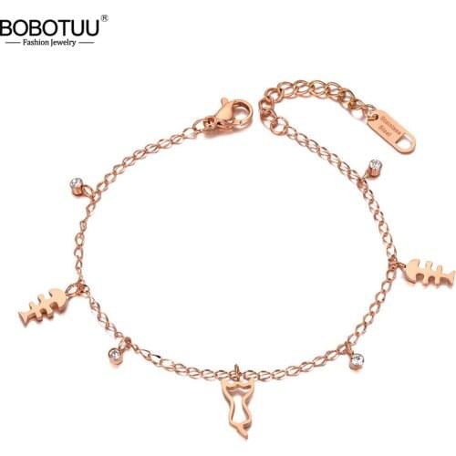 BOBOTUU Trendy Titanium Stainless Steel Fish & Cat Charm Bracelets For Women Bohemia CZ Crystal Party Bracelet Jewelry BB20161