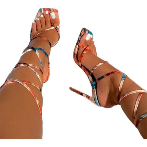 European Fashion Stiletto High Heels Color Lace Up Womens Sexy Mature Sandals Plus Size Square Clip Toe Ladies Summer Shoes